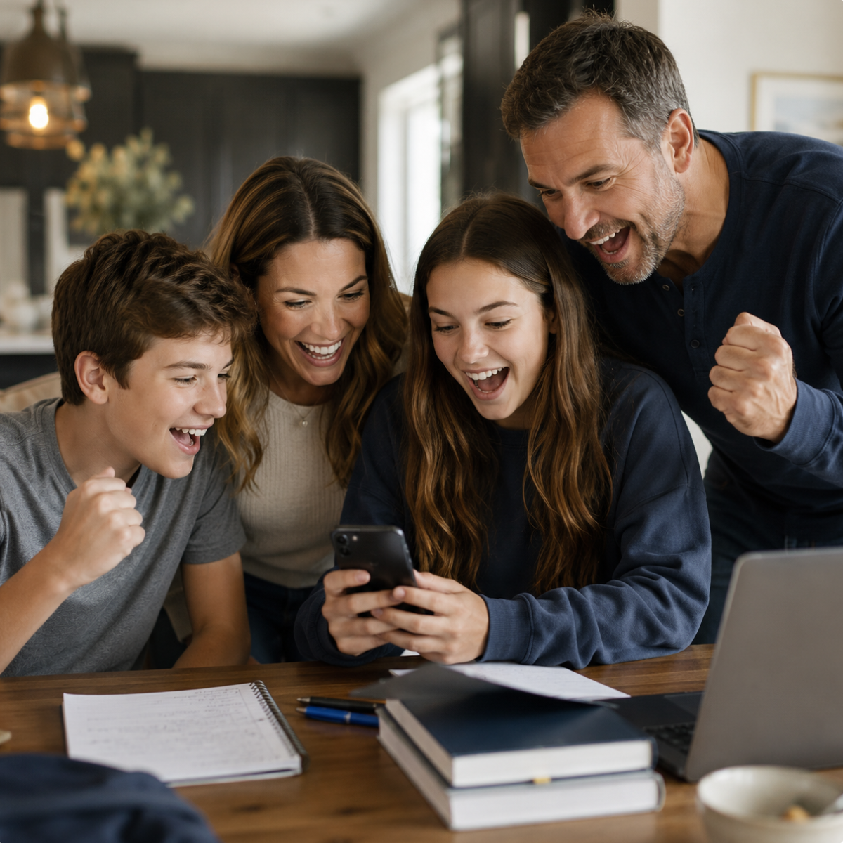 Excited family of four cheering together while looking at a phone at the kitchen table