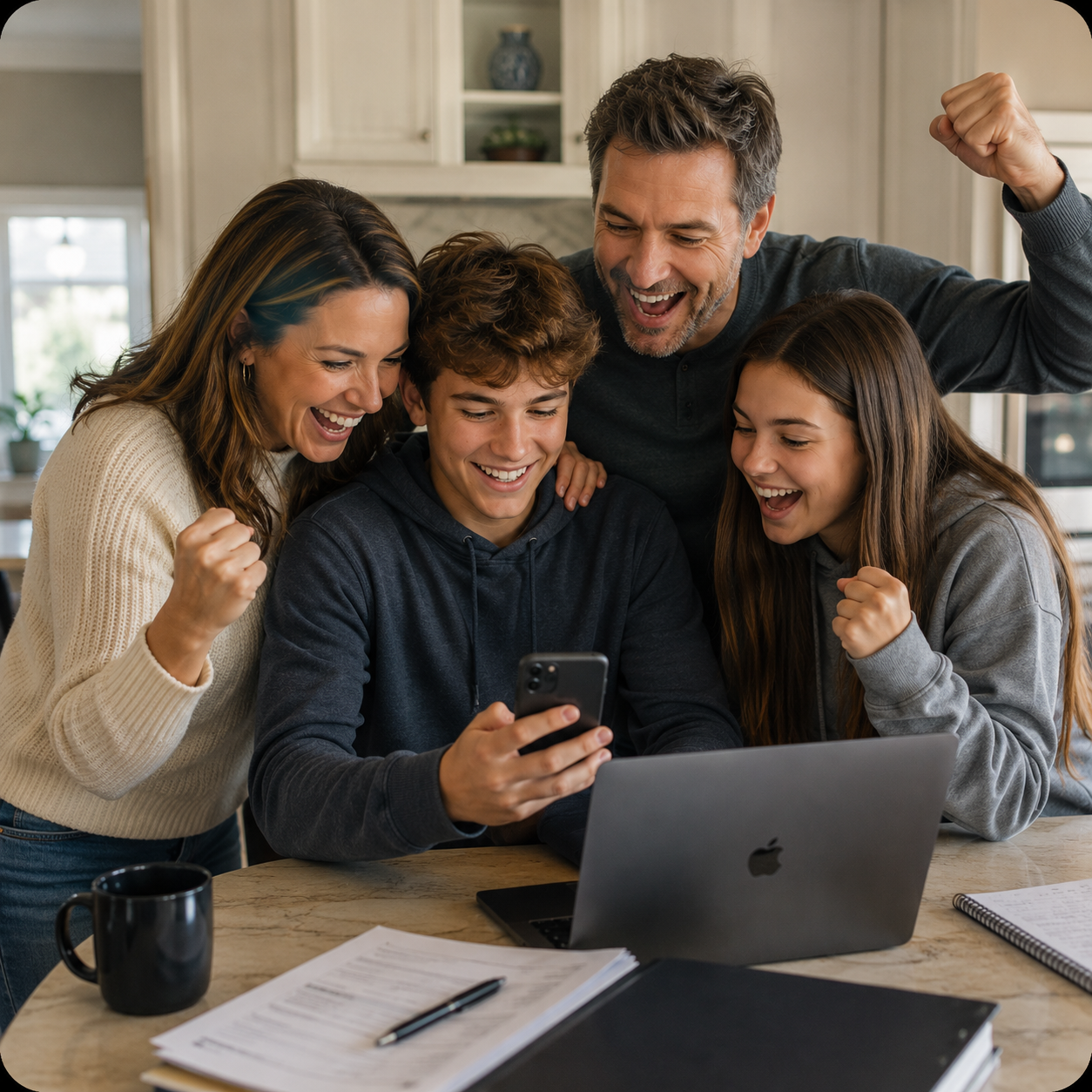 Excited family of four cheering together while looking at a phone at the kitchen table