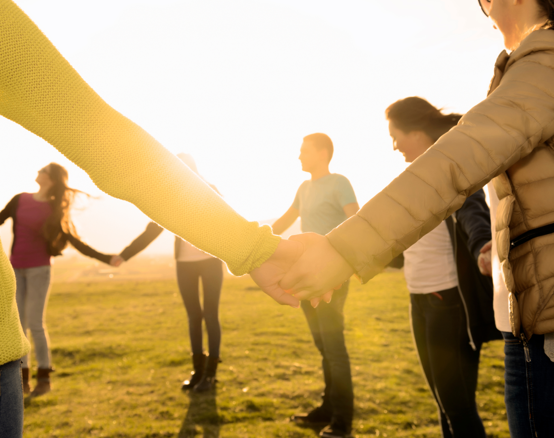 Community members holding hands in a circle in a sunlit field