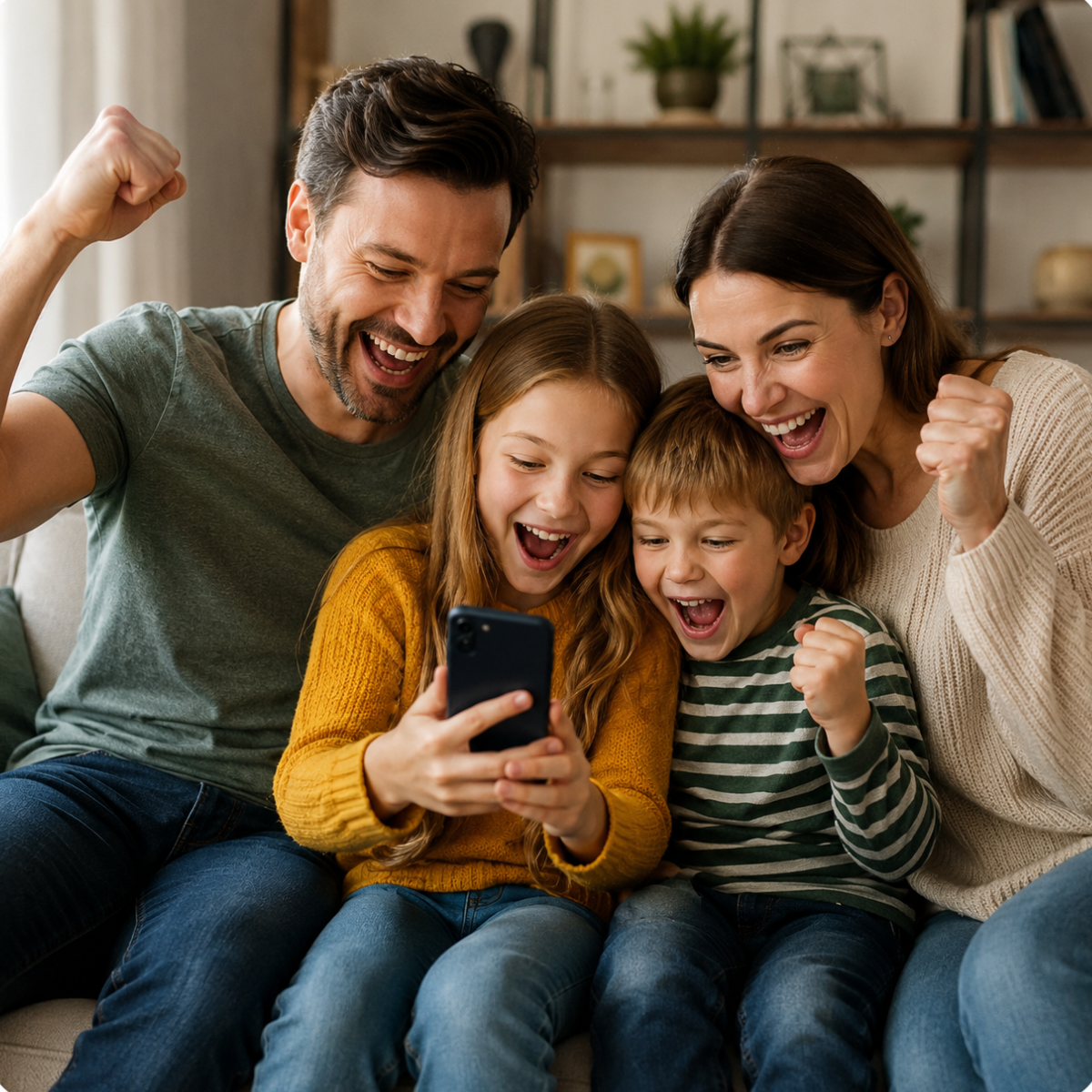 Excited family of four celebrating together while looking at a phone on the couch