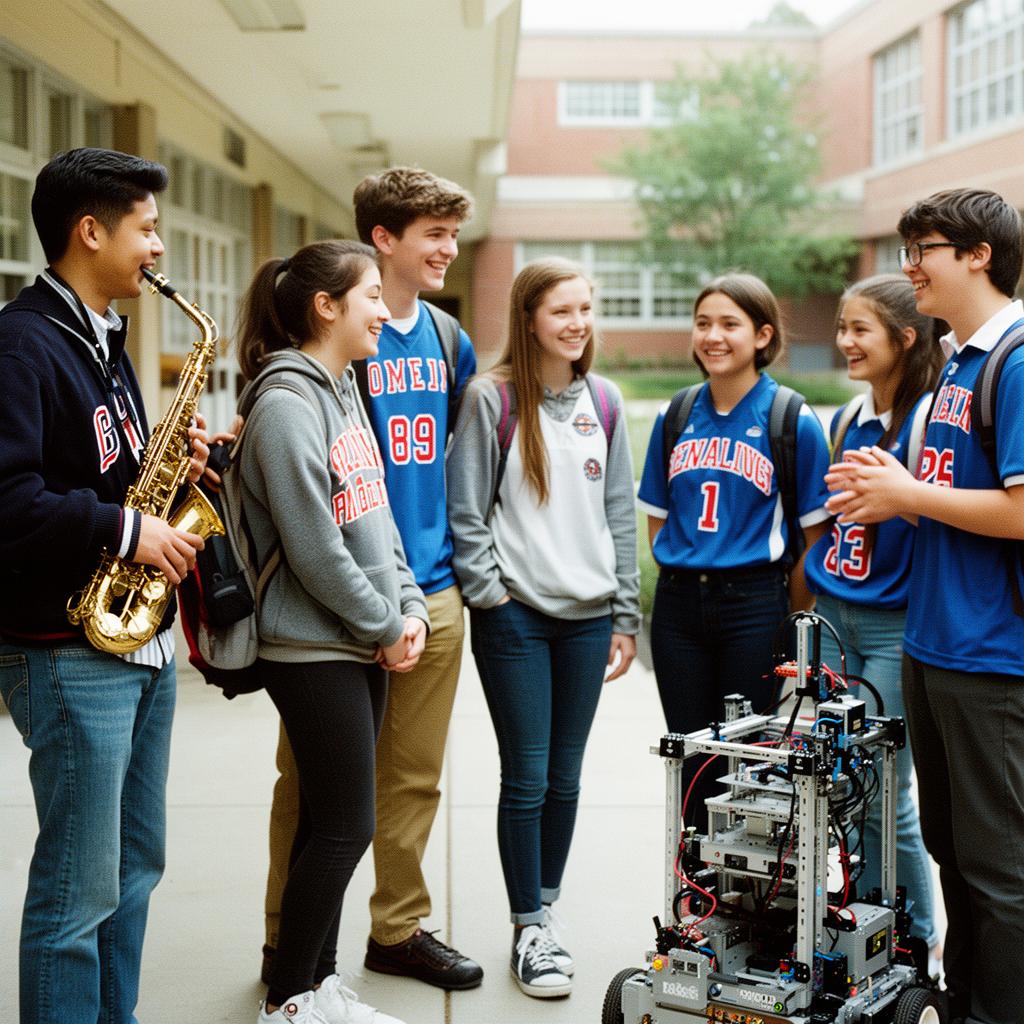 Band, sports, and robotics club students standing together outside their school