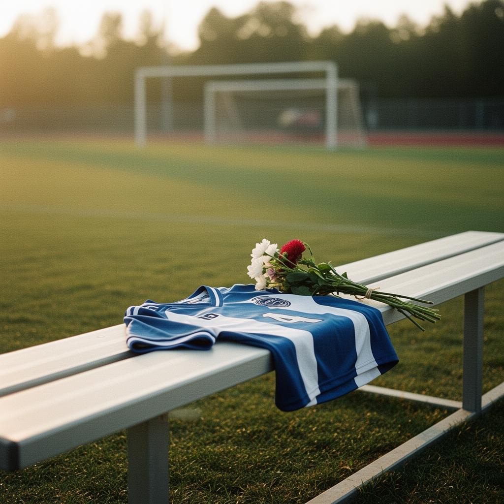 A folded jersey and small bouquet of flowers placed on an empty team bench at golden hour