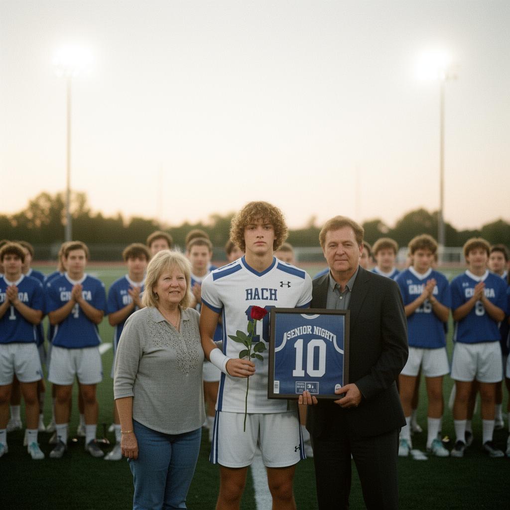 A senior athlete standing with a parent on the field at golden hour, teammates clapping in the background