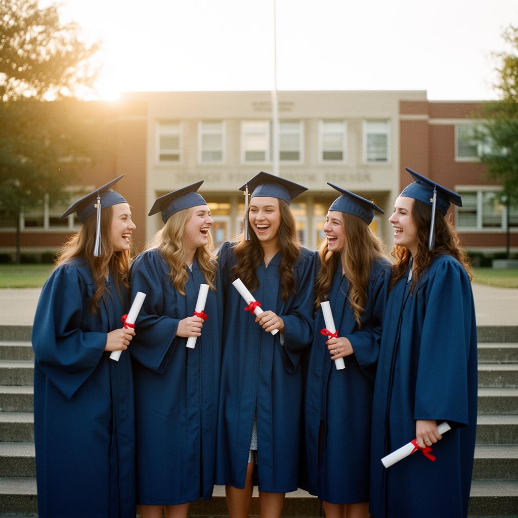 High school seniors in caps and gowns on the school steps