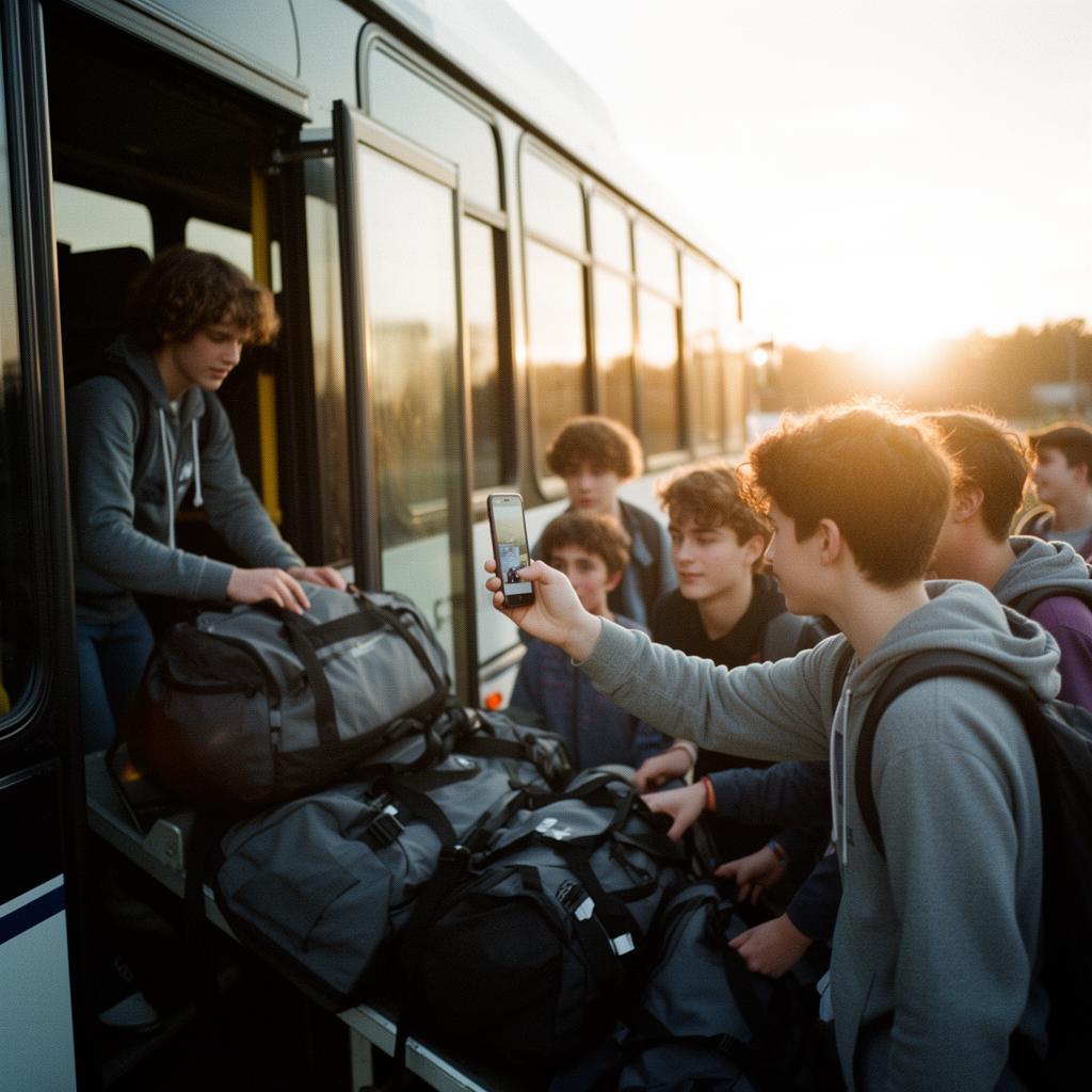 Middle school athletes loading a bus