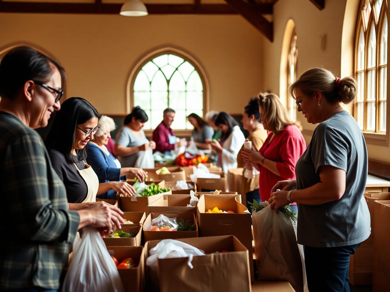 Church volunteers packing grocery and care boxes in a fellowship hall