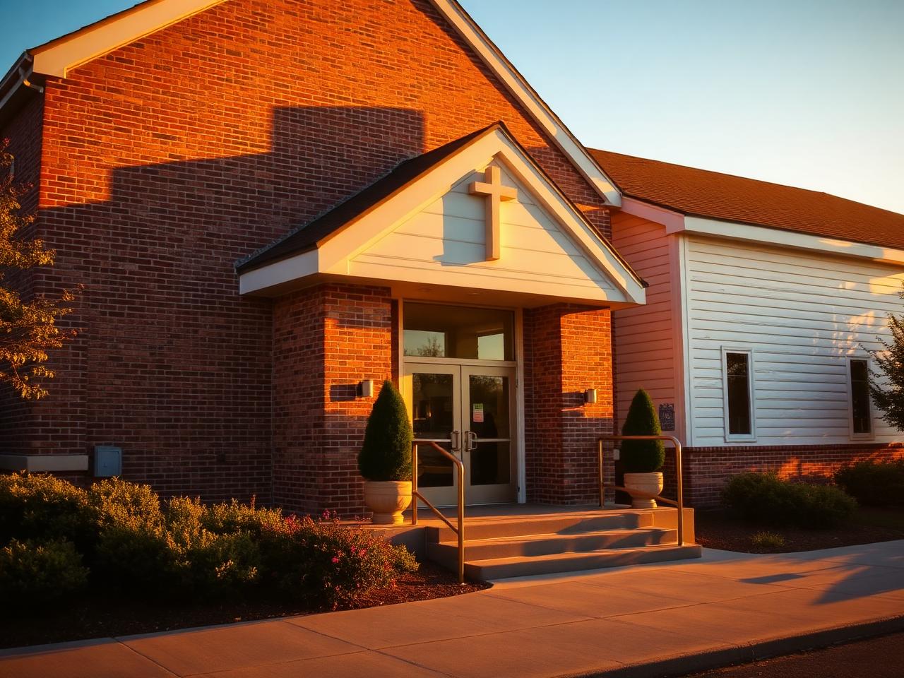 Warm exterior of a brick church building at golden hour with a simple cross above the entrance