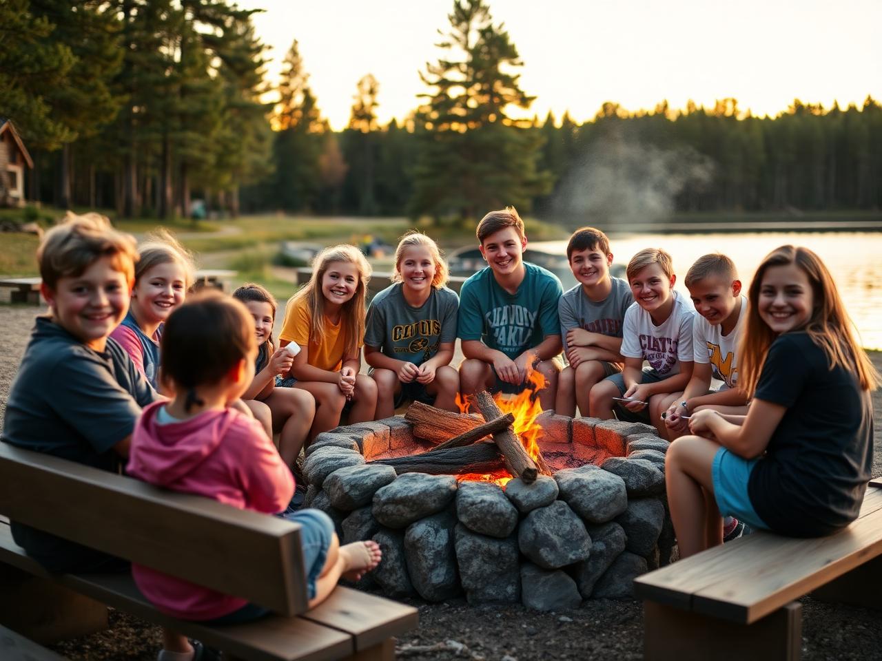 Teens gathered around a lakeside campfire at a Christian summer camp