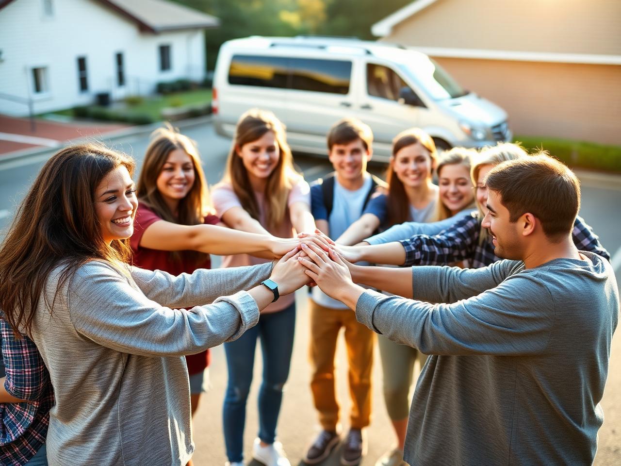 Church youth group circled with hands stacked together before a mission-trip send-off