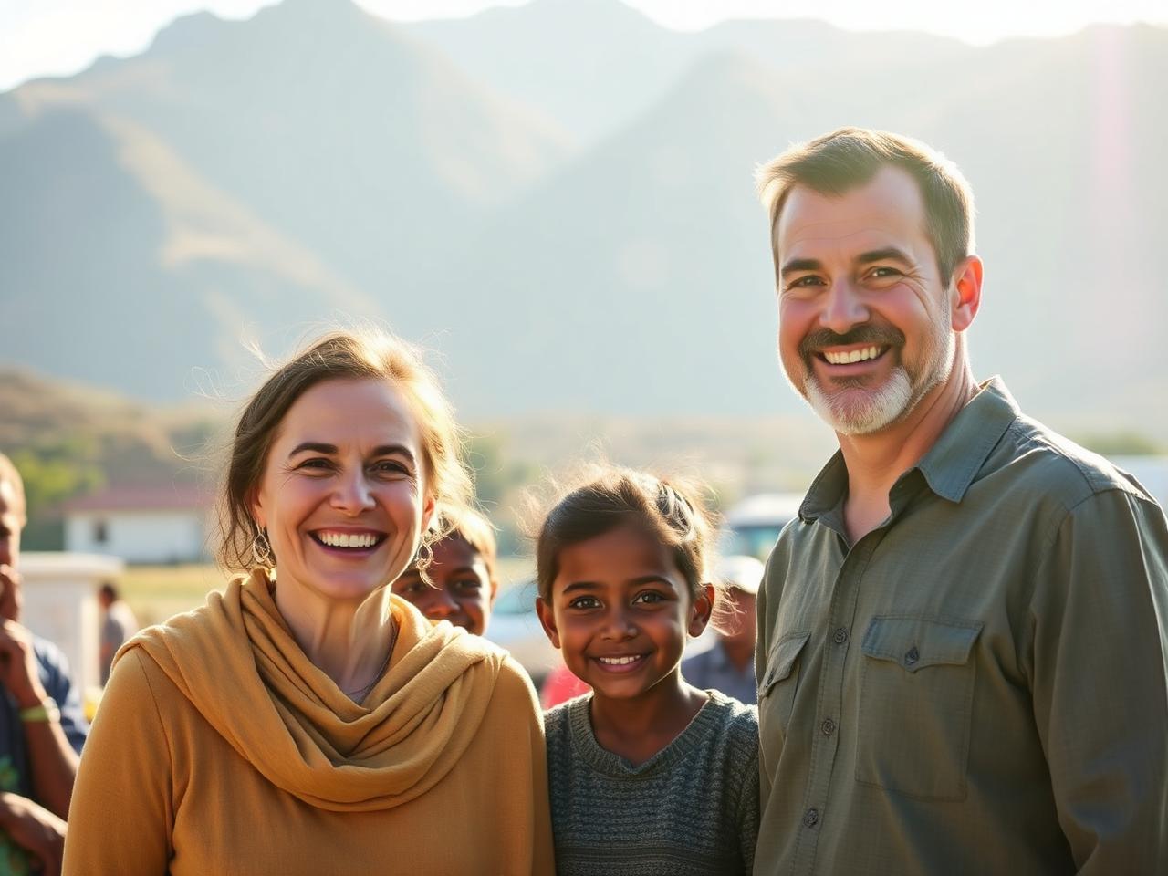 Smiling missionary couple standing with a child and community members in a sunlit outdoor setting
