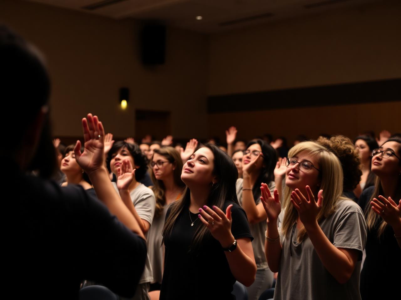 Worship gathering at a church youth retreat with hands gently raised