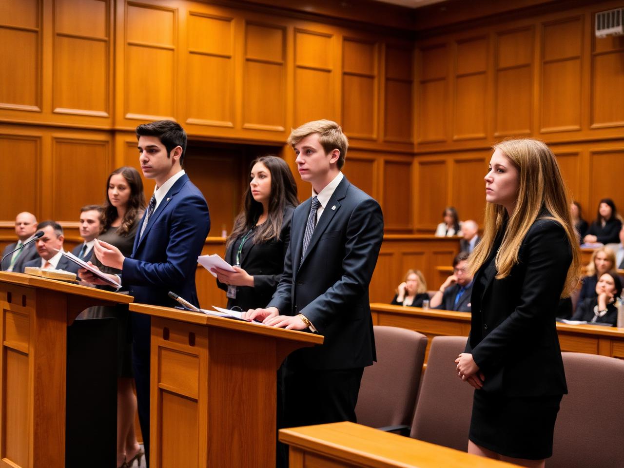 College mock trial team in business attire presenting at podiums in a wood-paneled courtroom