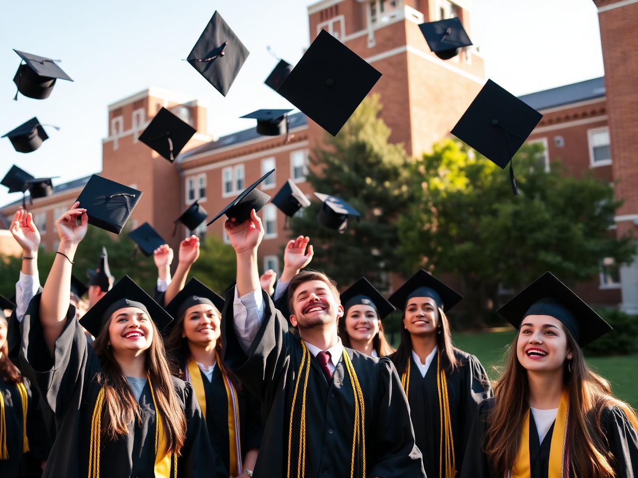 College graduates in caps and gowns tossing their caps in the air on a sunny university quad
