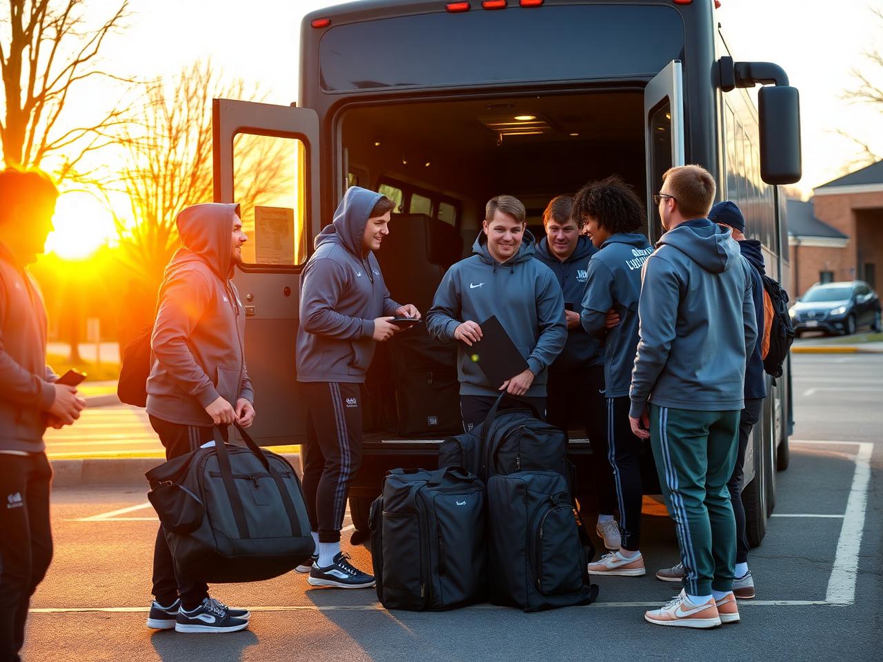 College club sports team in matching warmups loading duffel bags onto a charter bus at sunrise
