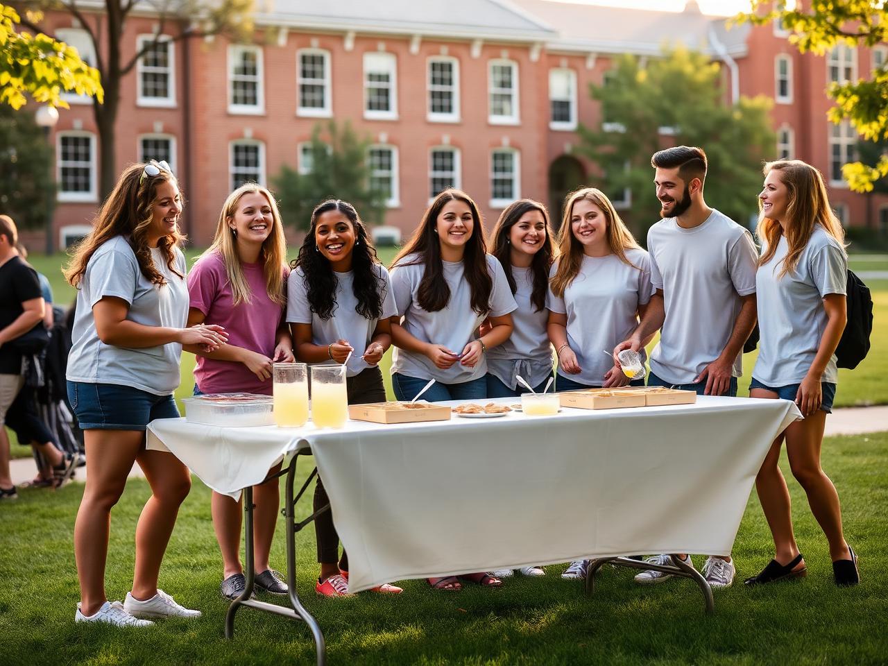 Sorority and fraternity students serving lemonade at a philanthropy fundraiser table on a college quad