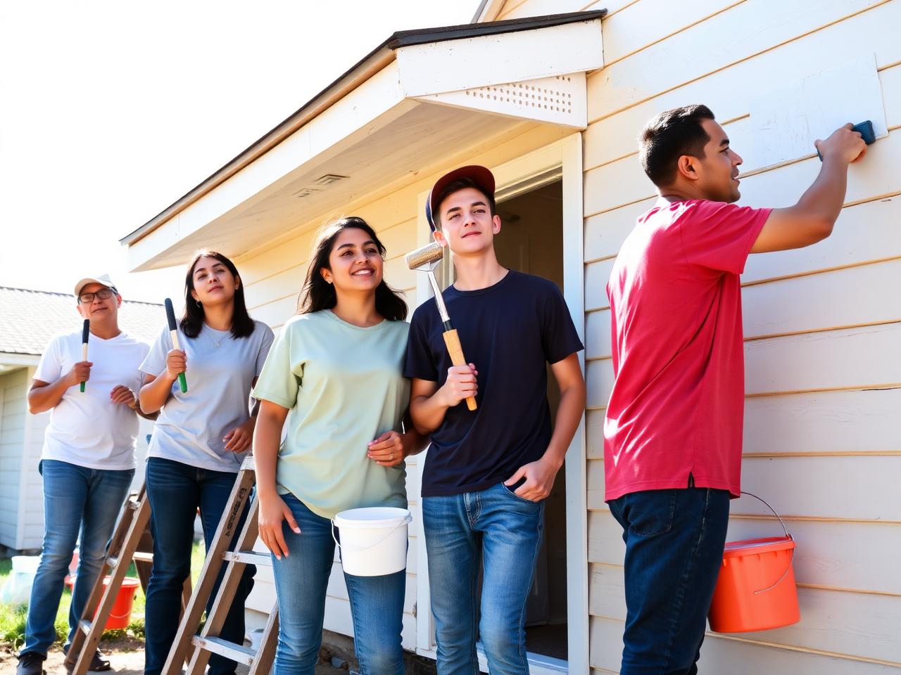 College students painting the siding of a community building during a service trip