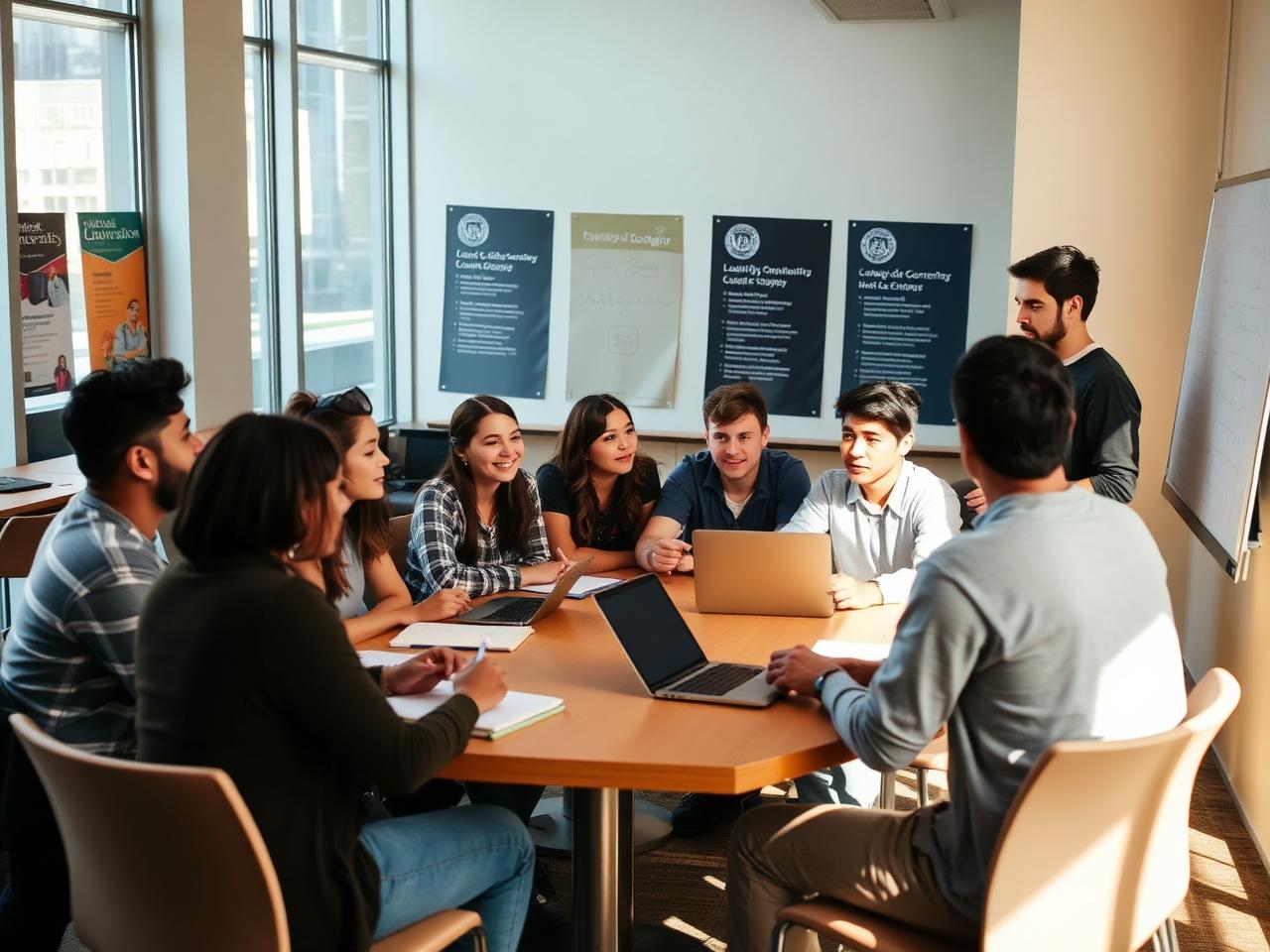 College student organization meeting around a table with laptops and notebooks in a sunlit campus lounge