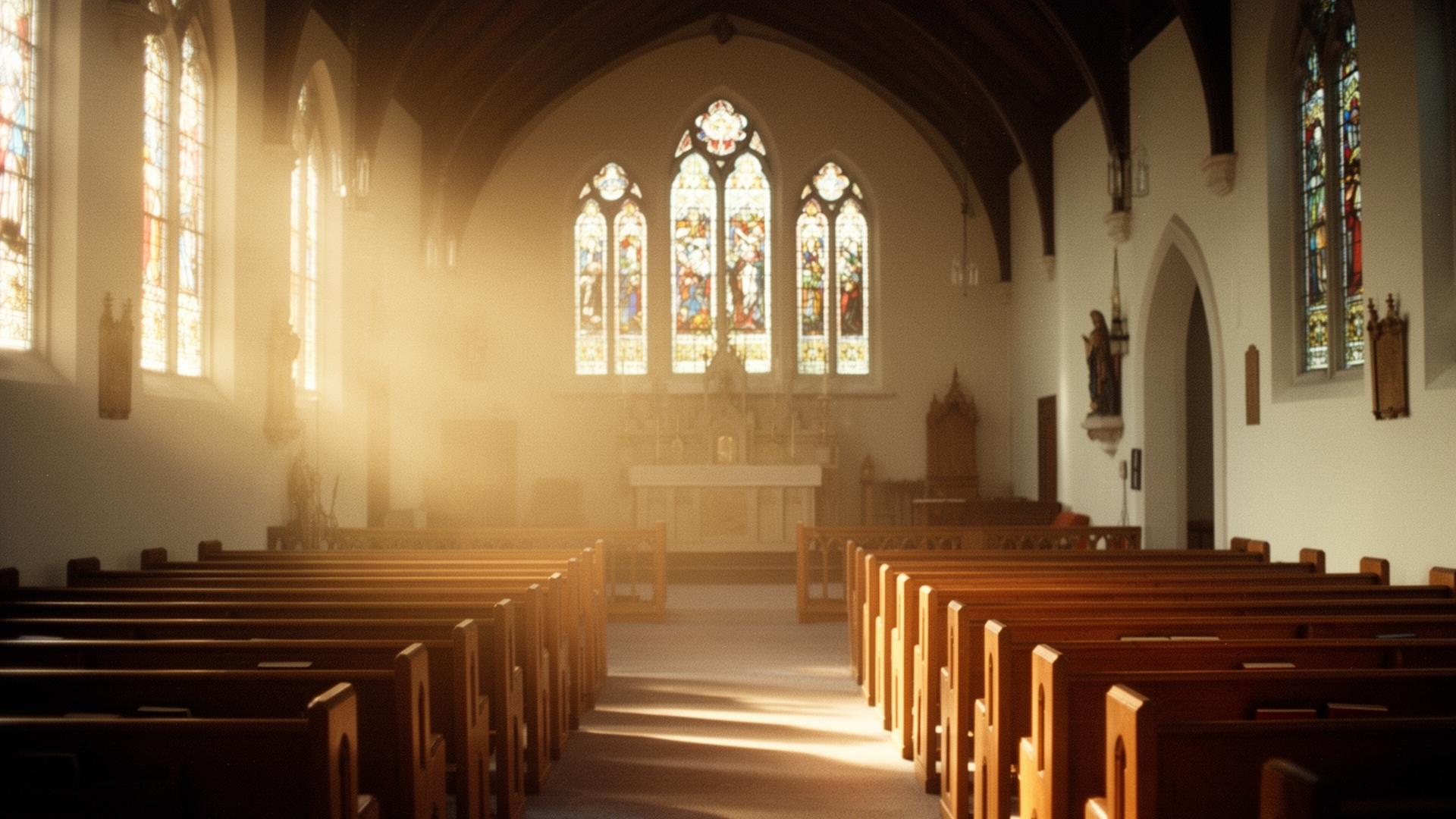 Warm empty sanctuary at golden hour, light streaming through stained glass
