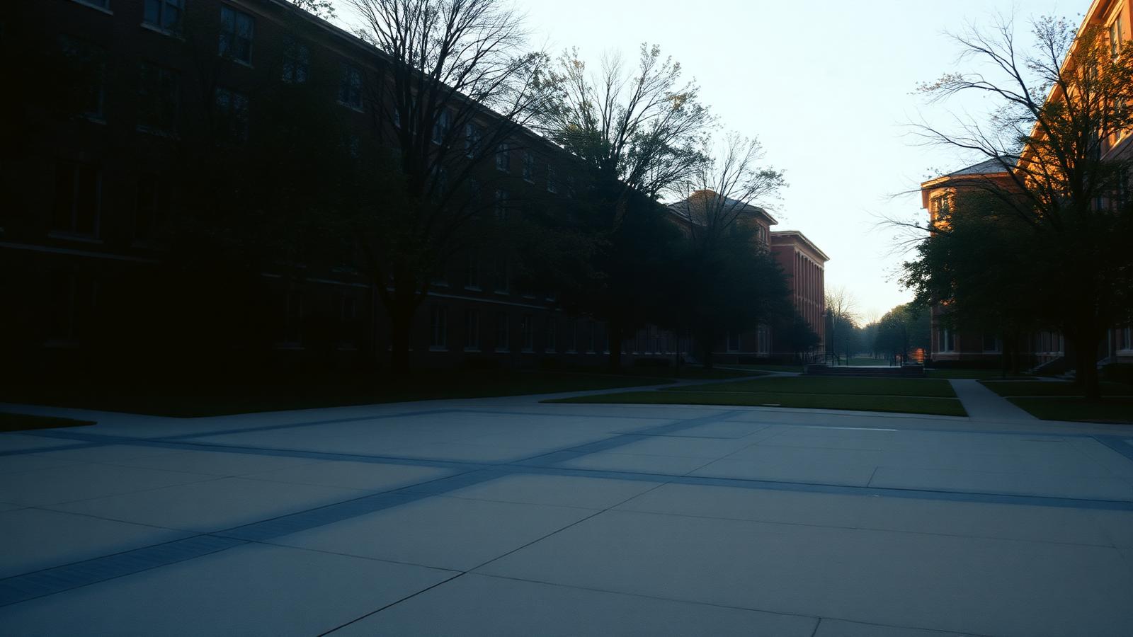 Quiet college campus quad at dawn
