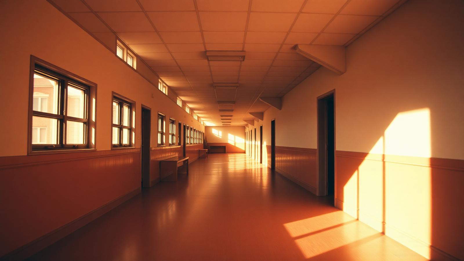 Sunlit empty middle school hallway
