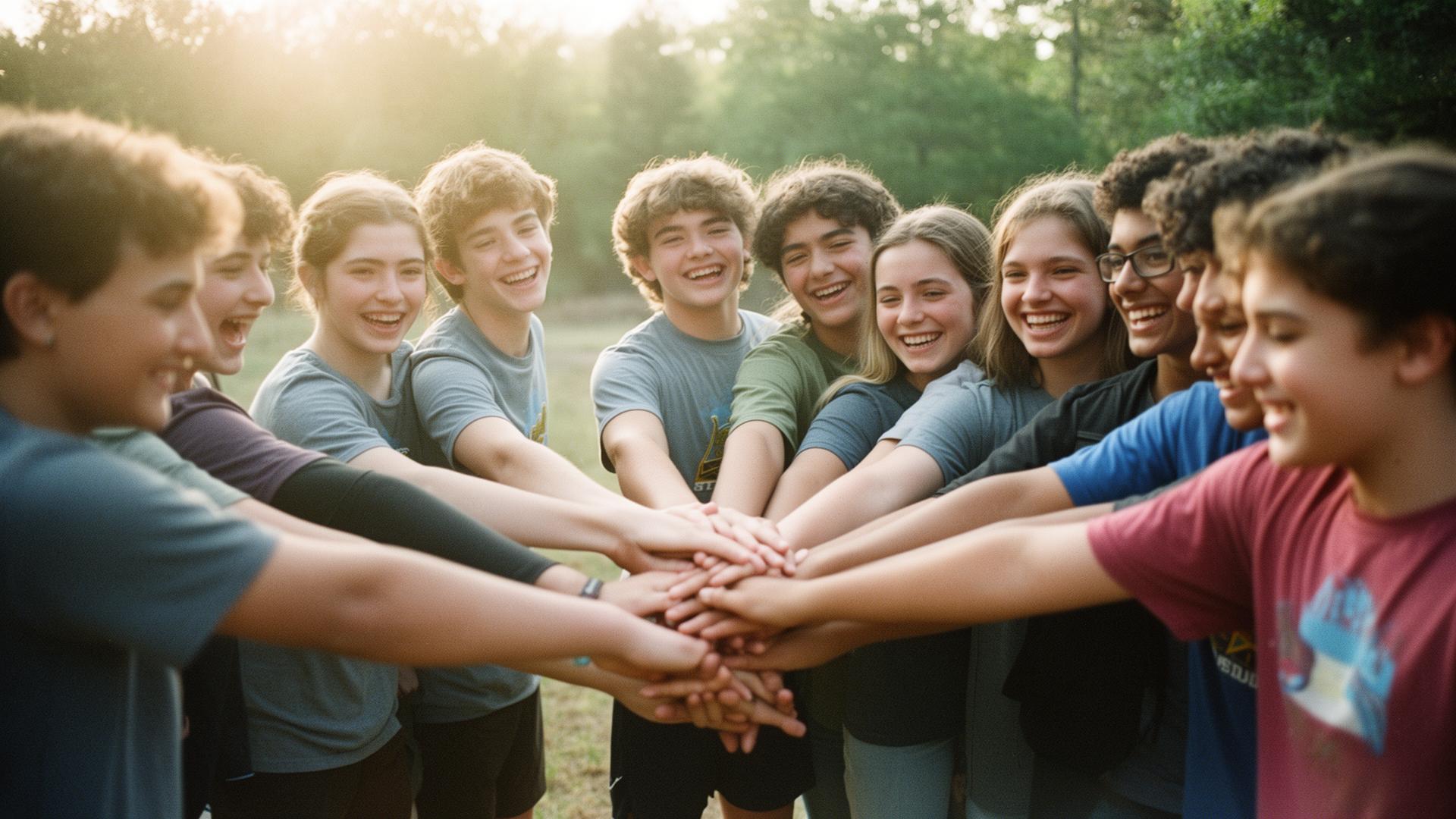 Youth group circle outdoors at a mission-trip send-off, hands stacked together