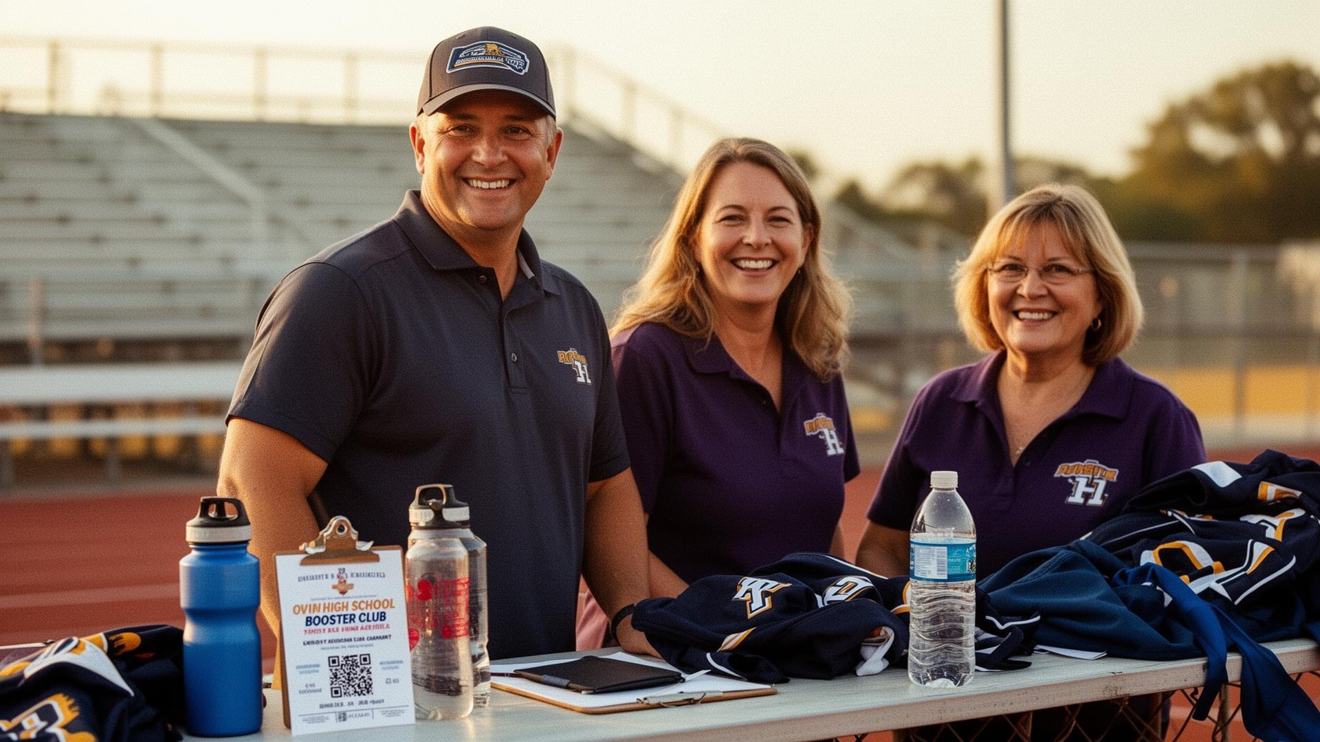 Booster club coach and parent volunteers smiling at a fundraising table on the sideline at golden hour
