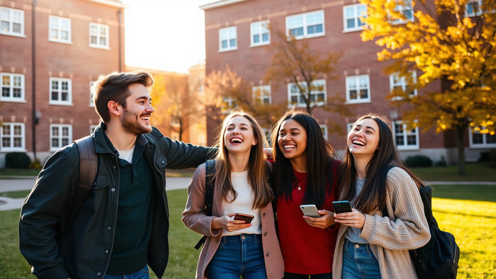 Group of college students laughing together on a sunny brick-building campus quad in autumn