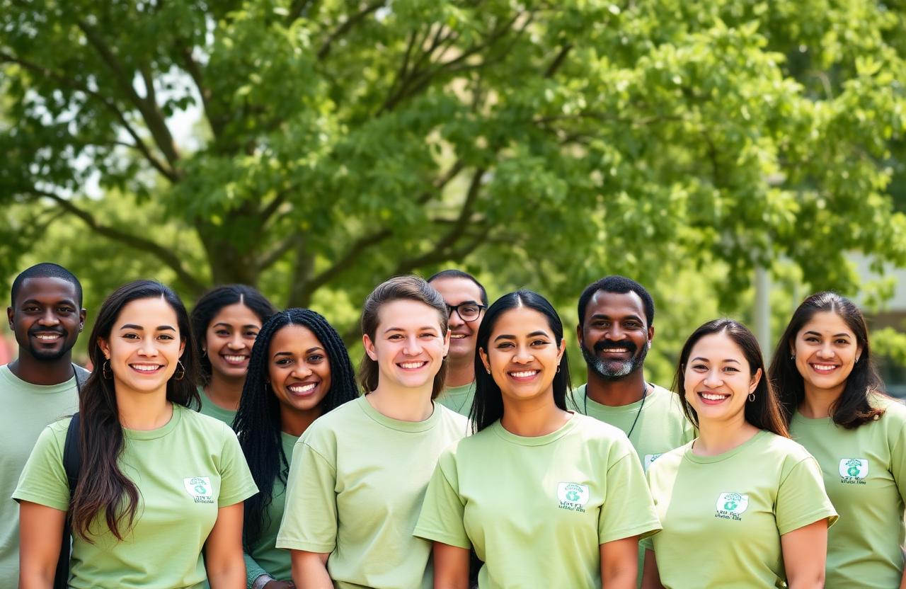 Diverse team of nonprofit volunteers smiling together outdoors under a leafy tree on a sunny day