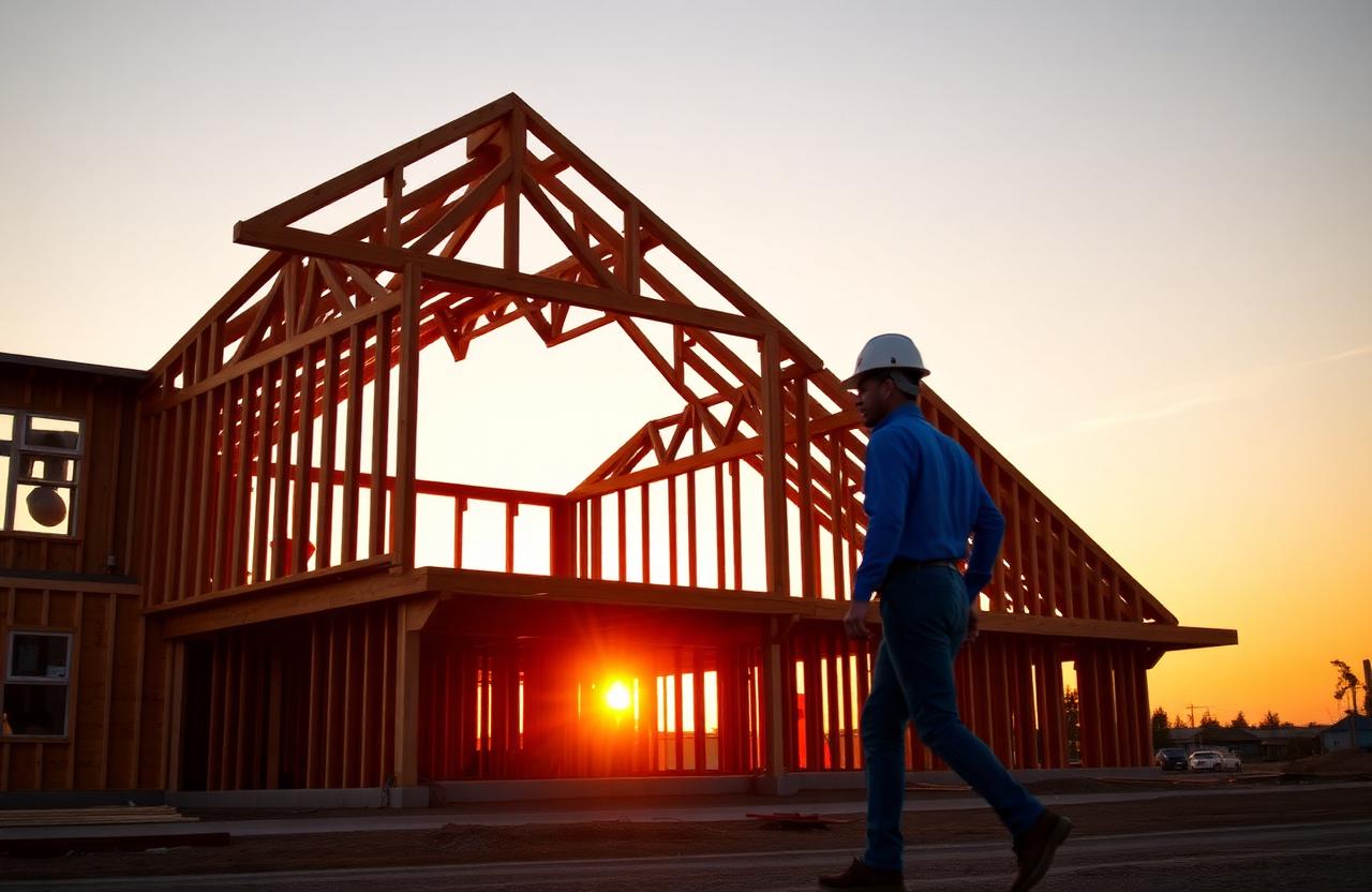 Wood-framed new community building under construction silhouetted against a golden sunset