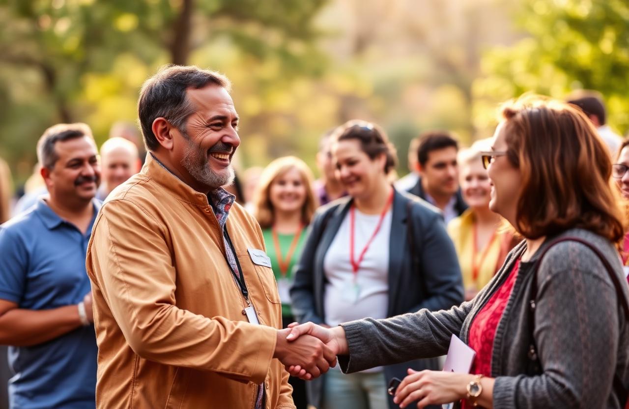 Two nonprofit leaders shaking hands and smiling together at an outdoor community event