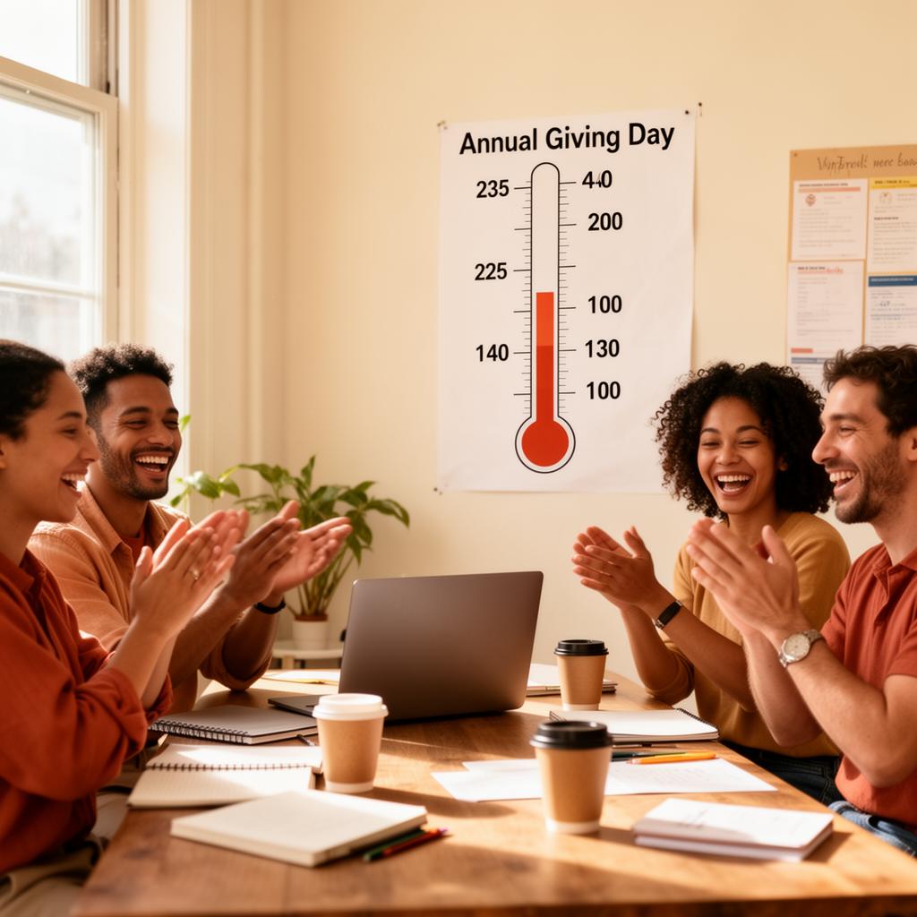 Small nonprofit team celebrating around a laptop and a paper donation-thermometer chart on giving day