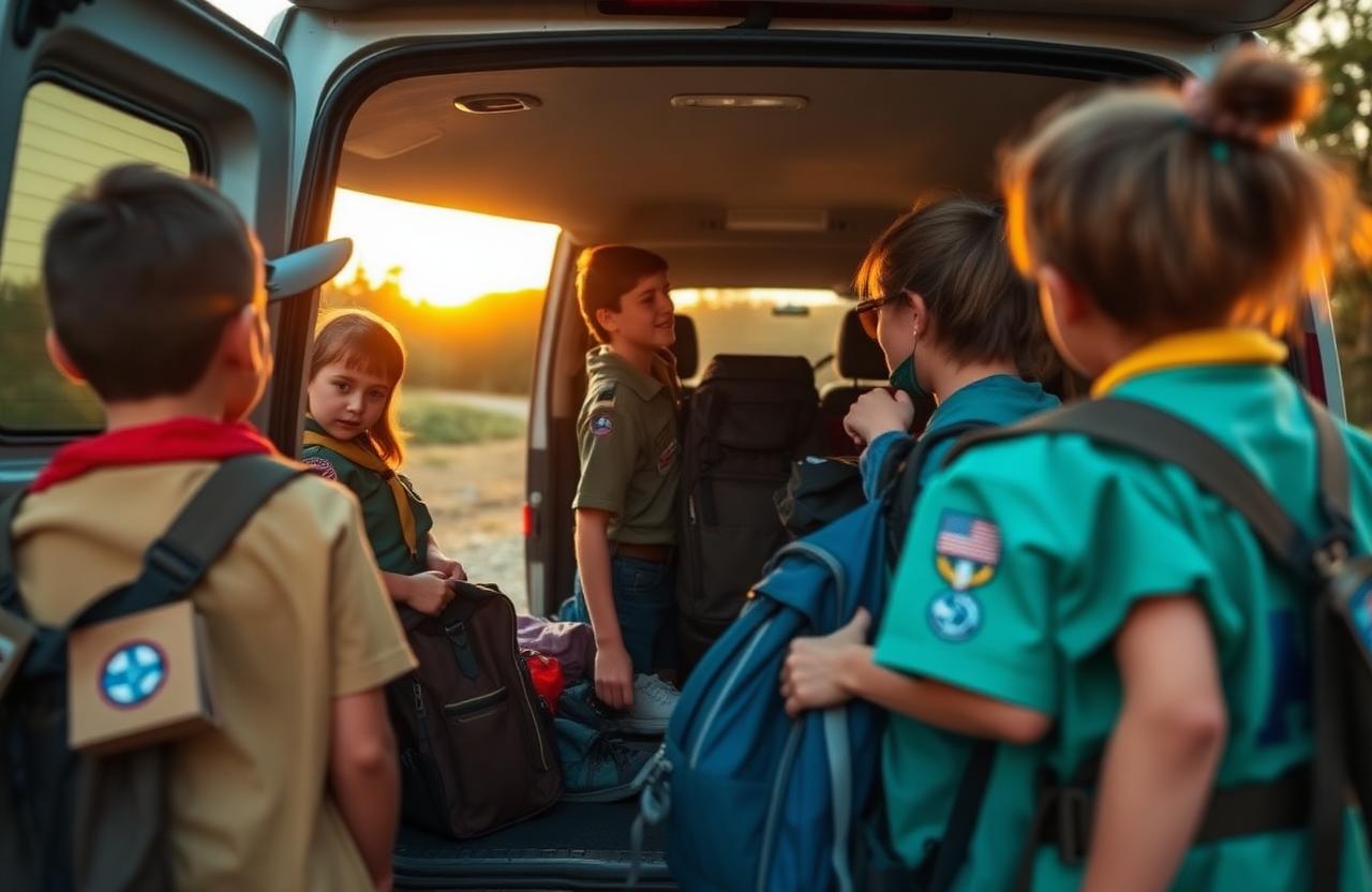 Scouts in uniform loading backpacks and gear into a van at sunrise for a camping trip