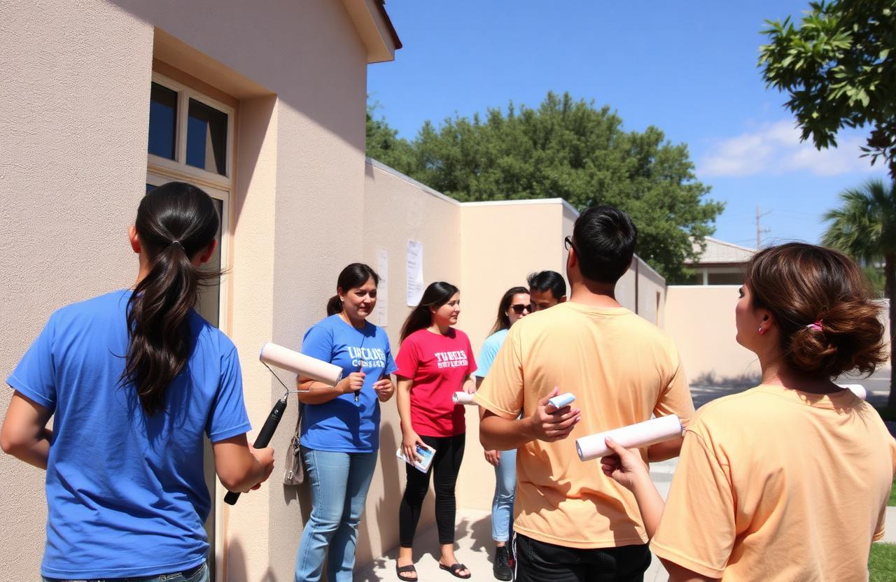 Volunteers in plain t-shirts painting the exterior of a community building together on a sunny day
