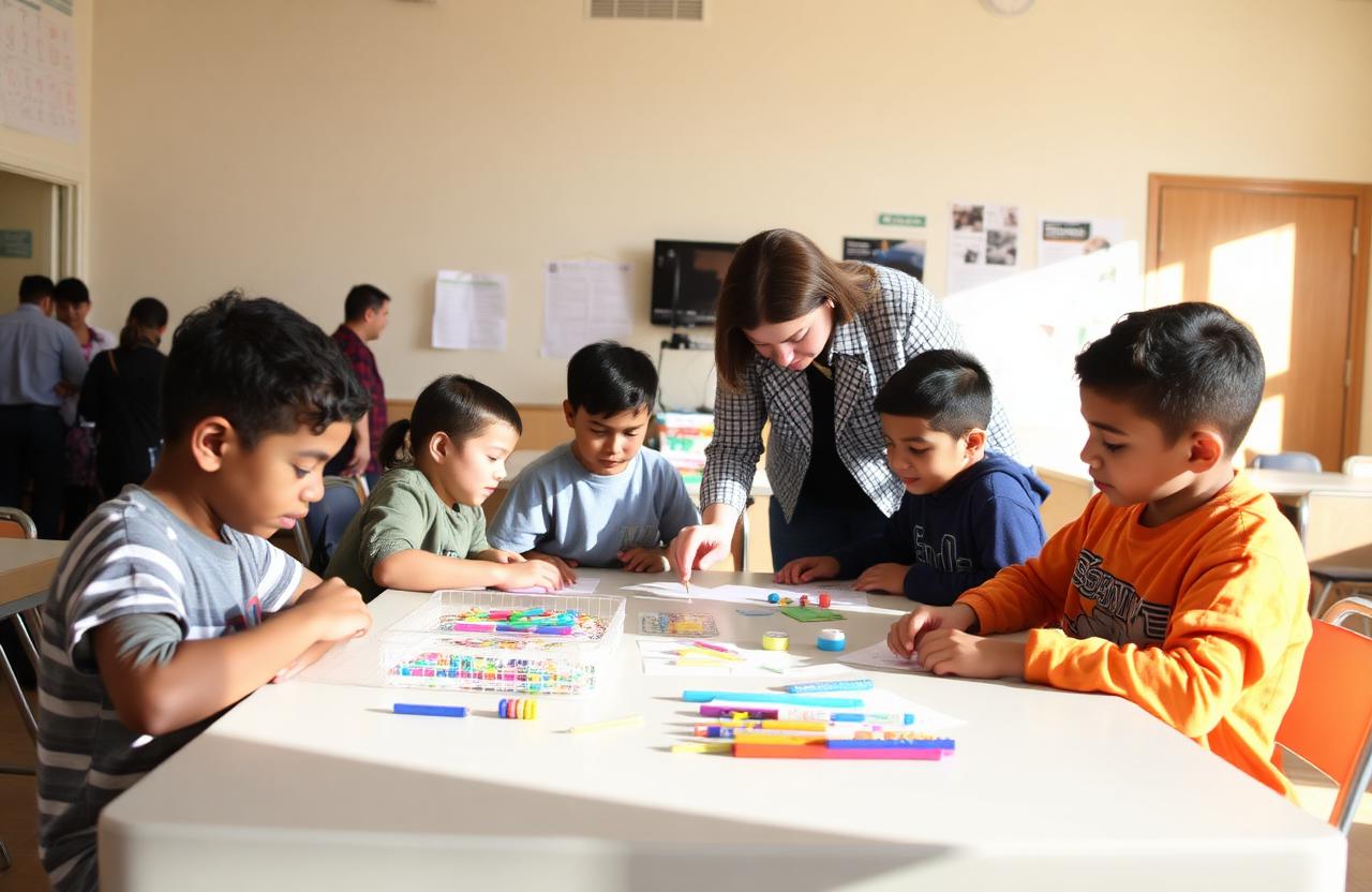 Kids in an after-school program working on a project at a table while an adult mentor helps