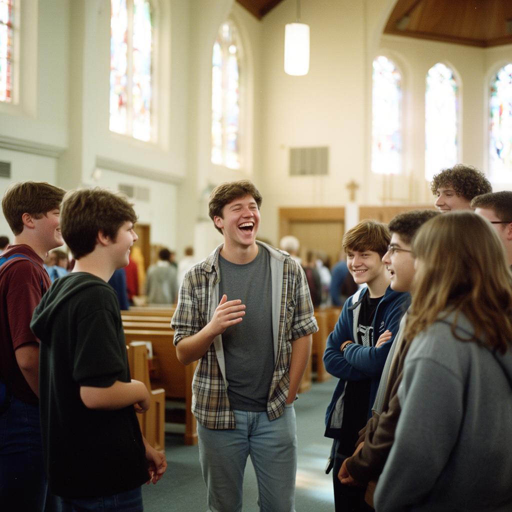 Youth pastor laughing with a small group of students in a sunlit church lobby
