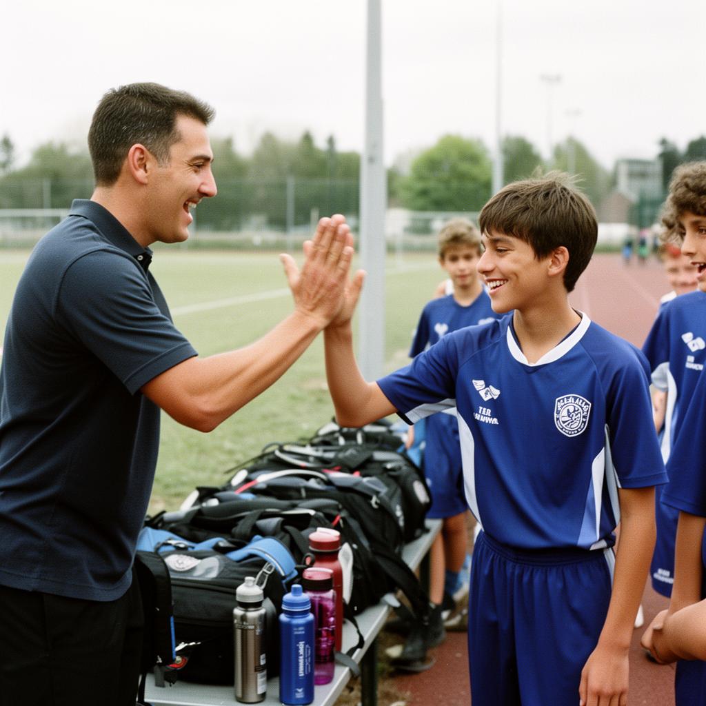 Coach high-fiving a young player on the sideline