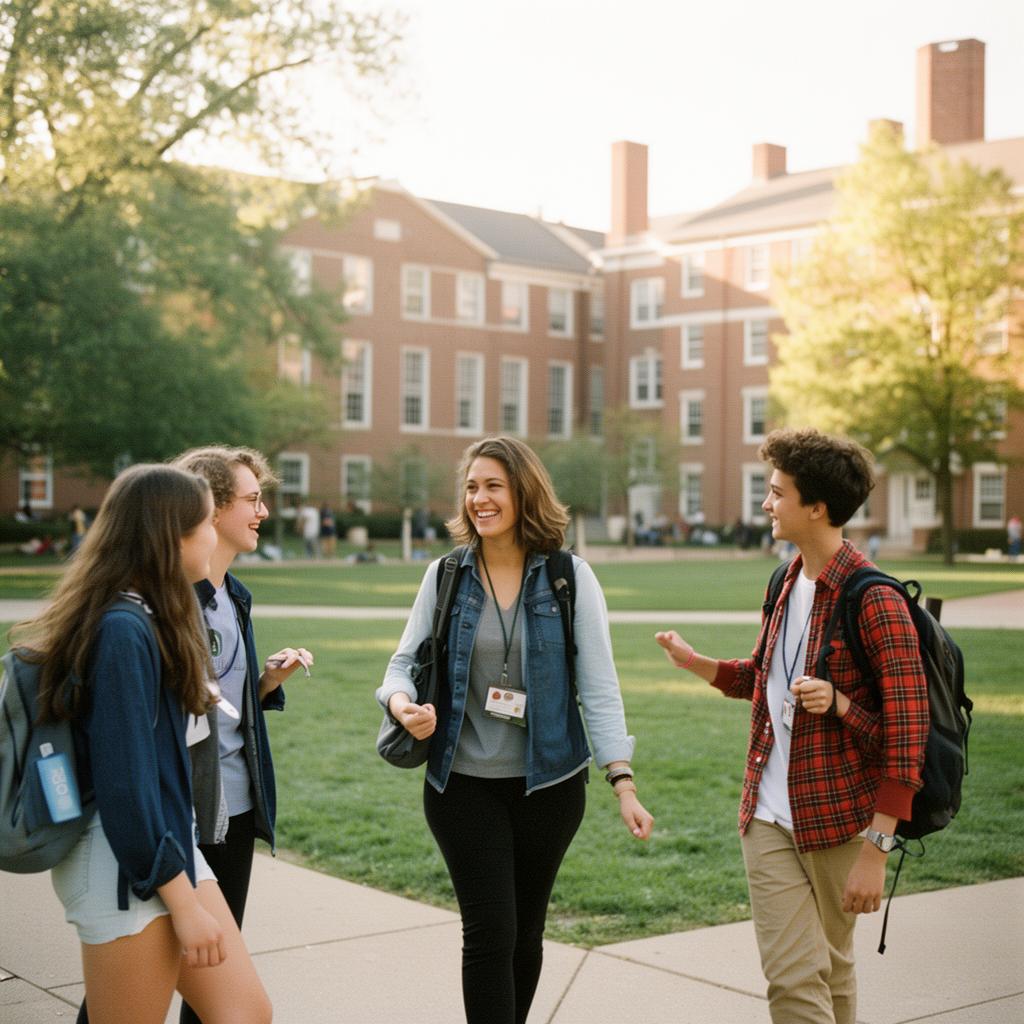 Chapter advisor walking and chatting with students on a campus quad