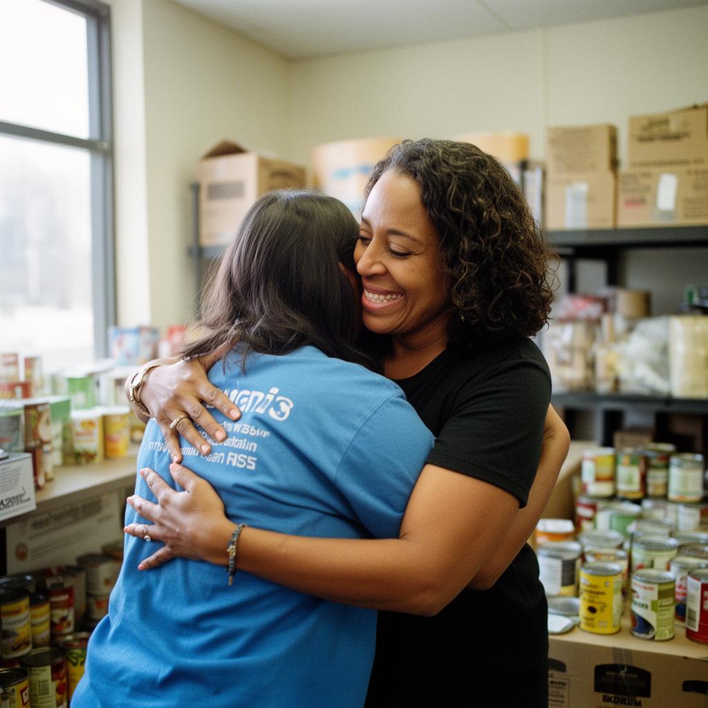 Nonprofit director hugging a volunteer in a community food pantry